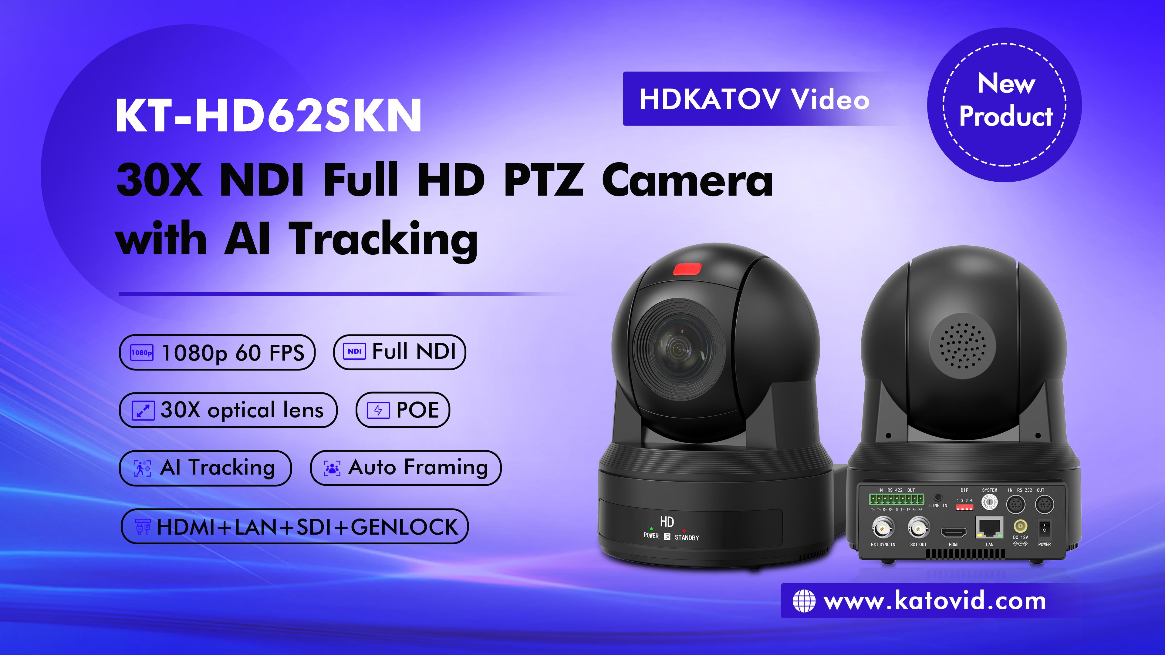 KT-HD62SK PTZ Camera with 30x Optical Zoom, AI Tracking, and